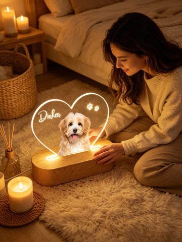 Personalisierte Haustier 3D LED Nachtlampe aus Acryl mit Massiv Buchenholz Sockel, individuell gravierbar mit Hundebild & Name, dekorative Schlafzimmer Tischlampe, ideales Geschenk für Tierliebhaber