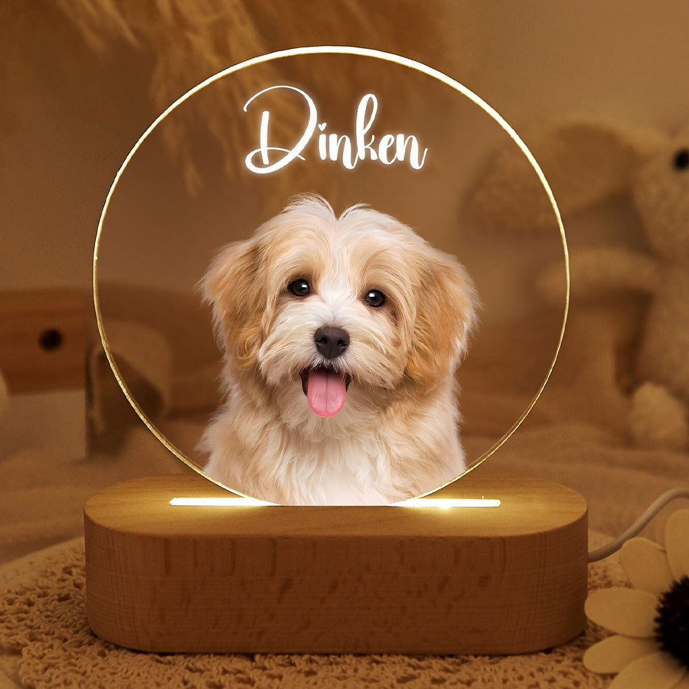 Personalisierte Haustier 3D LED Nachtlampe aus Acryl mit Massiv Buchenholz Sockel, individuell gravierbar mit Hundebild & Name, dekorative Schlafzimmer Tischlampe, ideales Geschenk für Tierliebhaber