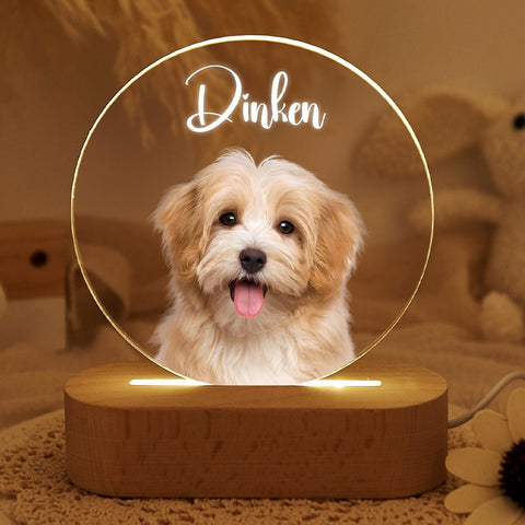 Personalisierte Haustier 3D LED Nachtlampe aus Acryl mit Massiv Buchenholz Sockel, individuell gravierbar mit Hundebild & Name, dekorative Schlafzimmer Tischlampe, ideales Geschenk für Tierliebhaber