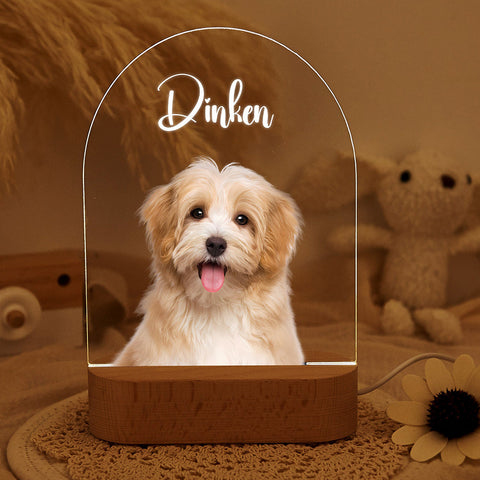 Personalisierte Haustier 3D LED Nachtlampe aus Acryl mit Massiv Buchenholz Sockel, individuell gravierbar mit Hundebild & Name, dekorative Schlafzimmer Tischlampe, ideales Geschenk für Tierliebhaber