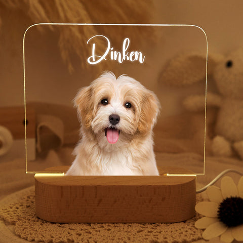 Personalisierte Haustier 3D LED Nachtlampe aus Acryl mit Massiv Buchenholz Sockel, individuell gravierbar mit Hundebild & Name, dekorative Schlafzimmer Tischlampe, ideales Geschenk für Tierliebhaber