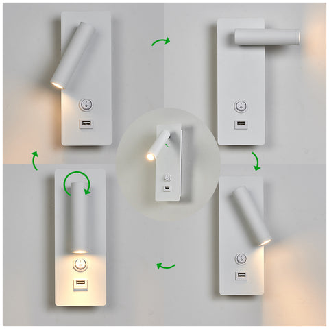 Topmo-plus Hotel Bettlampe Schlafzimmer Leseleuchten mit USB und Schalter/LED 3W CREE COB/ Wandleuchte Innen Wandlampe Flur wohnzimmer Treppen Hotels Nachtlicht 3000K schwarz weiß